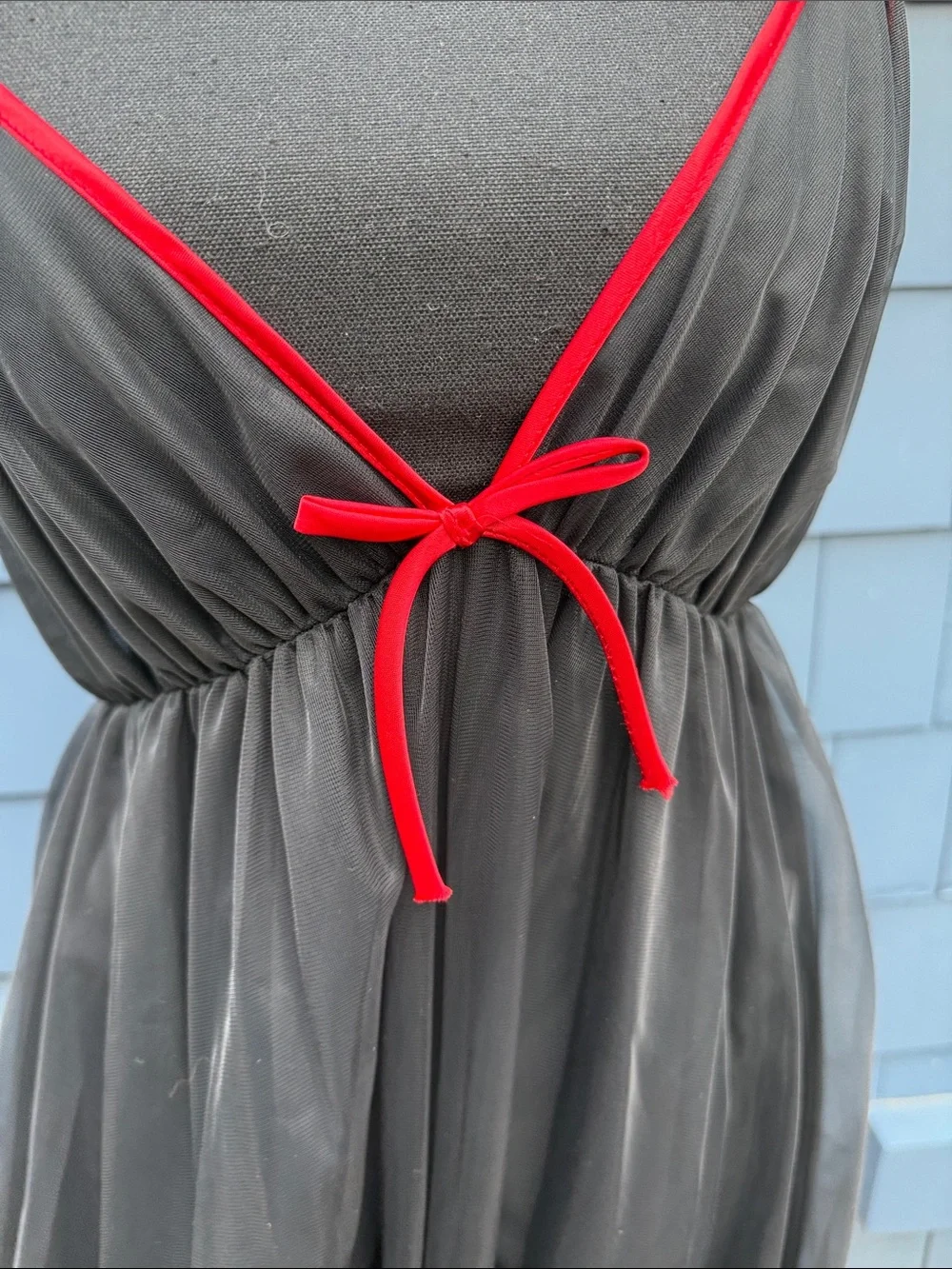 Jill Andrea of New York Vintage Black Mesh Handkerchief Hem Dress with Red Trim